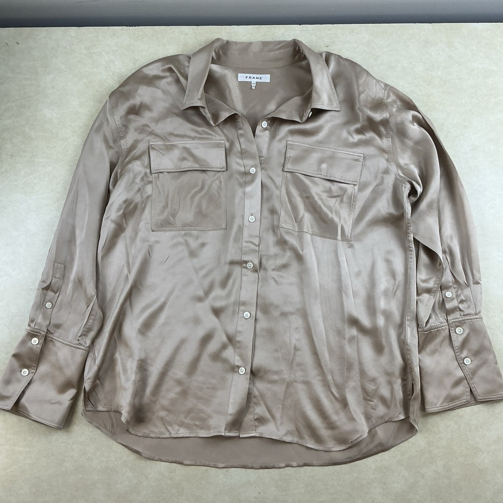 Frame Womens Silk Satin Stretch Collared Button Down Shirt Large
